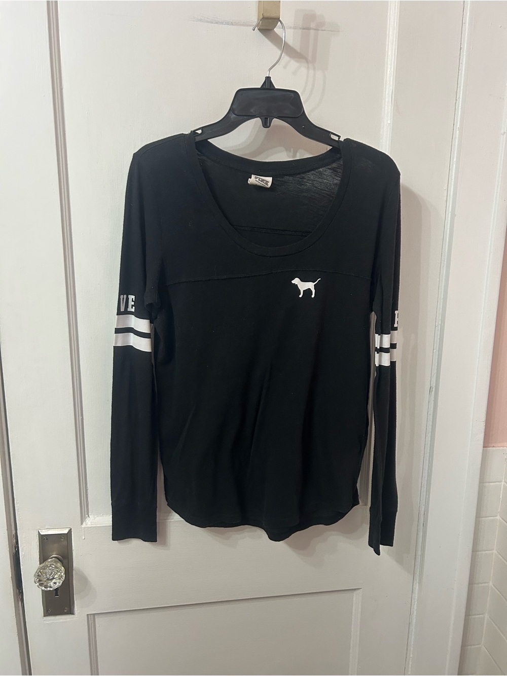 Victoria's Secret Black Long-Sleeve Scoop Neck Tee with White Logo